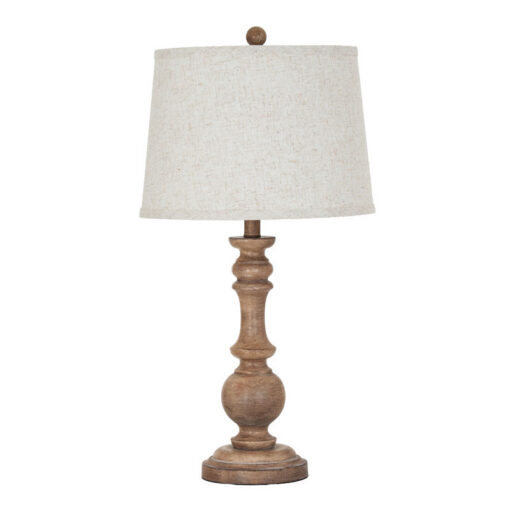Rustic Country Farmhouse Table Lamp With Carved Solid Wood Base And Natural Linen Shade 70cm