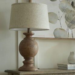 Rustic Country Farmhouse Table Lamp With Carved Solid Wood Base And Natural Linen Shade 71cm