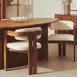 Set Of 2 Boho Rustic Solid Mango Wood And Cream White Boucle Fabric Dining Chairs