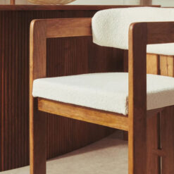 Set Of 2 Boho Rustic Solid Mango Wood And Cream White Boucle Fabric Dining Chairs