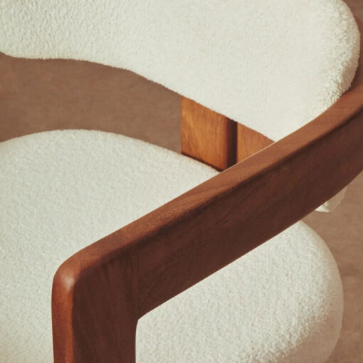 Set Of 2 Boho Rustic Solid Mango Wood And Cream White Boucle Fabric Dining Chairs