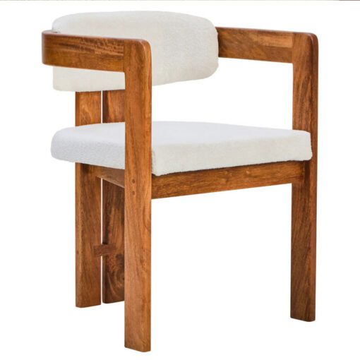 Set Of 2 Boho Rustic Solid Mango Wood And Cream White Boucle Fabric Dining Chairs