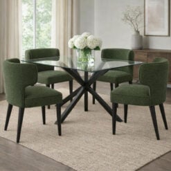 Set Of 2 Moss Green Textured Fabric And Black Wood Wing Back Dining Chairs