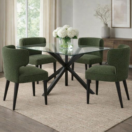 Set Of 2 Moss Green Textured Fabric And Black Wood Wing Back Dining Chairs