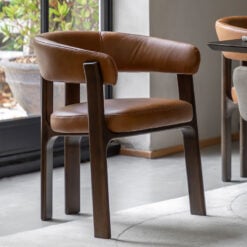 Set Of 2 Tan Brown Genuine Leather And Charcoal Brown Wood Scoop Open Back Dining Chairs