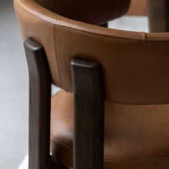 Set Of 2 Tan Brown Genuine Leather And Charcoal Brown Wood Scoop Open Back Dining Chairs