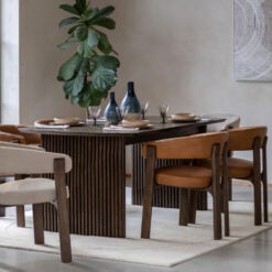 Set Of 2 Tan Brown Genuine Leather And Charcoal Brown Wood Scoop Open Back Dining Chairs