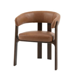 Set Of 2 Tan Brown Genuine Leather And Charcoal Brown Wood Scoop Open Back Dining Chairs