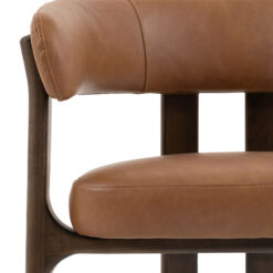 Set Of 2 Tan Brown Genuine Leather And Charcoal Brown Wood Scoop Open Back Dining Chairs