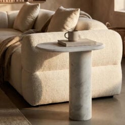 Solid White Marble Cylinder Base Balanced End Table Side Table