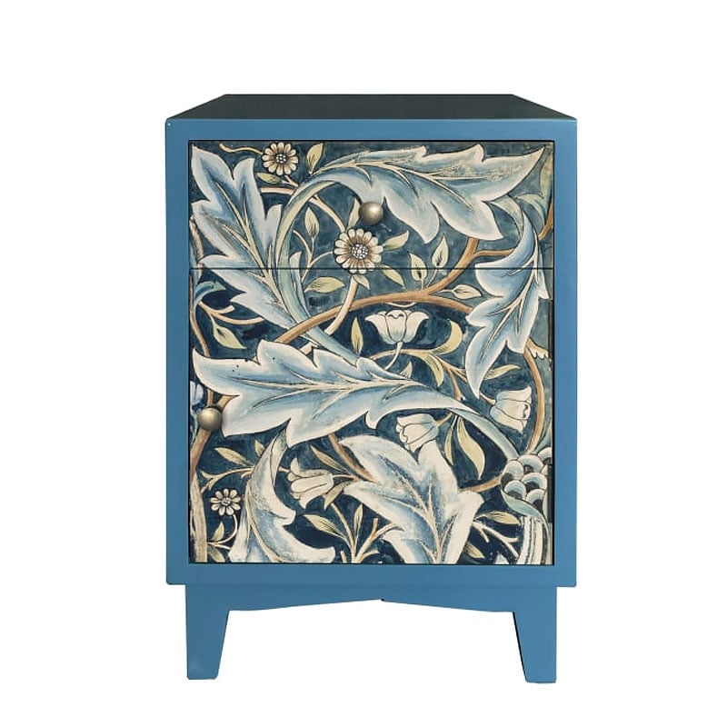 Boho Floral Acanthus Print 1 Drawer 1 Door Blue Solid Wood Bedside Cabinet Side Table Boho Floral Acanthus Print 1 Drawer 1 Door Blue Solid Wood Bedside Cabinet Side Table