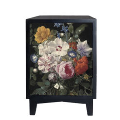 Boho Floral Print 1 Drawer 1 Door Black Solid Wood Bedside Cabinet Side Table