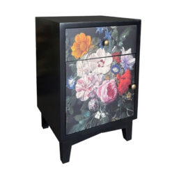 Boho Floral Print 1 Drawer 1 Door Black Solid Wood Bedside Cabinet Side Table Boho Floral Print 1 Drawer 1 Door Black Solid Wood Bedside Cabinet Side Table