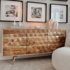 Boho Rustic Geo Honeycomb Carved Solid Light Mango Wood 2 Door 3 Drawer Sideboard 140cm