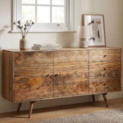 Boho Rustic Geo Honeycomb Carved Solid Light Mango Wood 2 Door 3 Drawer Sideboard 140cm