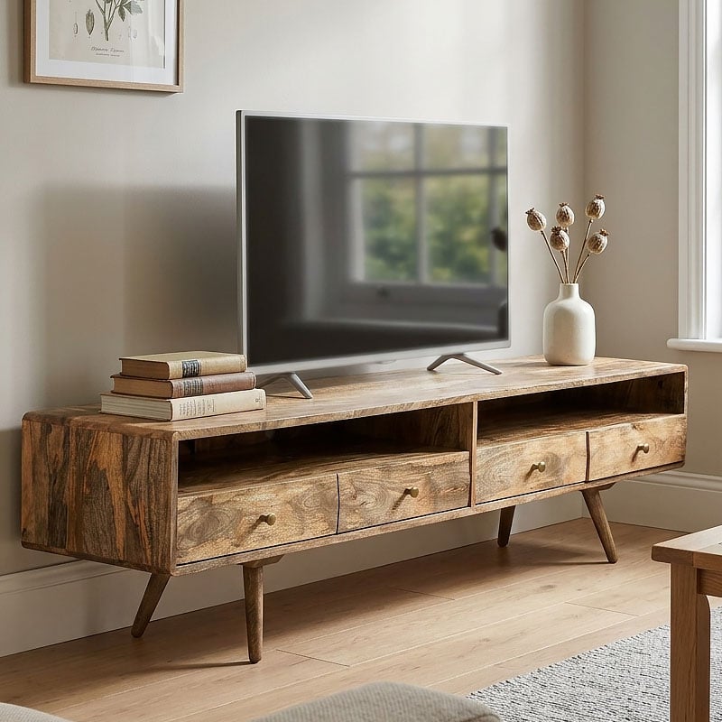 Boho Rustic Geo Honeycomb Carved Solid Light Mango Wood 2 Open Shelf 4 Drawer Large TV Stand Media Unit 180cm Boho Rustic Geo Honeycomb Carved Solid Light Mango Wood 2 Open Shelf 4 Drawer Large TV Stand Media Unit 180cm
