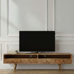 Boho Rustic Geo Honeycomb Carved Solid Light Mango Wood 2 Open Shelf 4 Drawer Large TV Stand Media Unit 180cm