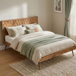 Boho Rustic Geo Honeycomb Solid Light Mango Wood Double Bed With Solid Wood Slatted Base