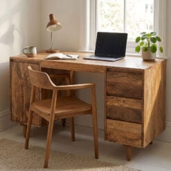 Boho Rustic Solid Light Mango Wood 1 Door 3 Drawer Desk Dressing Table 126cm