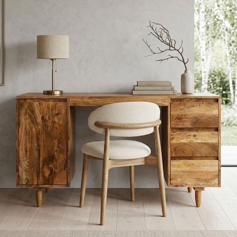 Boho Rustic Solid Light Mango Wood 1 Door 3 Drawer Desk Dressing Table 126cm Boho Rustic Solid Light Mango Wood 1 Door 3 Drawer Desk Dressing Table 126cm