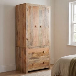Boho Rustic Solid Light Mango Wood 2 Door 1 Drawer Large Double Wardrobe 190cm
