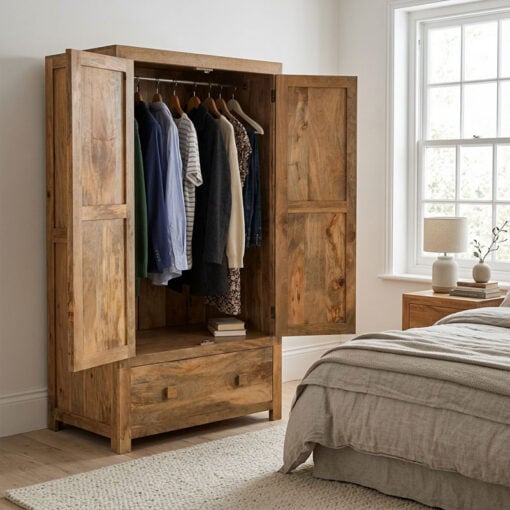 Boho Rustic Solid Light Mango Wood 2 Door 1 Drawer Large Double Wardrobe 190cm Boho Rustic Solid Light Mango Wood 2 Door 1 Drawer Large Double Wardrobe 190cm