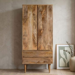 Boho Rustic Solid Light Mango Wood 2 Door 2 Drawer Double Wardrobe 185cm