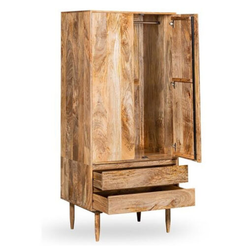 Boho Rustic Solid Light Mango Wood 2 Door 2 Drawer Double Wardrobe 185cm