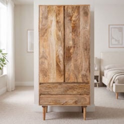 Boho Rustic Solid Light Mango Wood 2 Door 2 Drawer Double Wardrobe 185cm