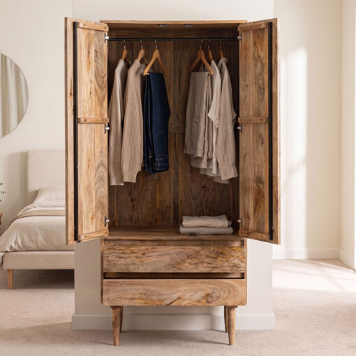 Boho Rustic Solid Light Mango Wood 2 Door 2 Drawer Double Wardrobe 185cm