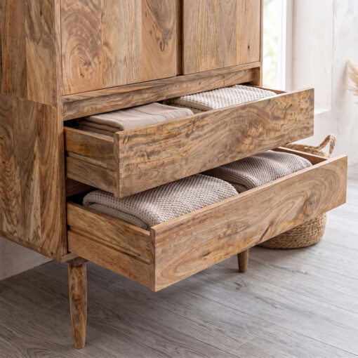 Boho Rustic Solid Light Mango Wood 2 Door 2 Drawer Double Wardrobe 185cm