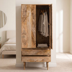 Boho Rustic Solid Light Mango Wood 2 Door 2 Drawer Double Wardrobe 185cm