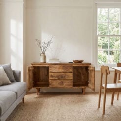 Boho Rustic Solid Light Mango Wood 2 Door 3 Drawer Sideboard 130cm
