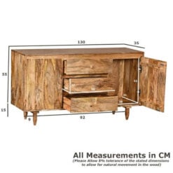 Boho Rustic Solid Light Mango Wood 2 Door 3 Drawer Sideboard 130cm