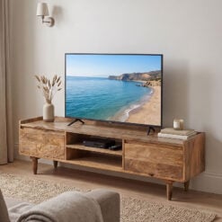 Boho Rustic Solid Light Mango Wood 2 Shelf 2 Door Low TV Stand Media Unit 145cm