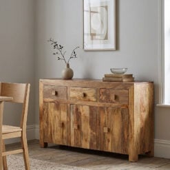Boho Rustic Solid Light Mango Wood 3 Door 3 Drawer Sideboard 140cm