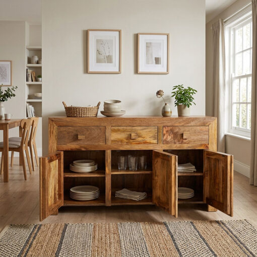 Boho Rustic Solid Light Mango Wood 3 Door 3 Drawer Sideboard 140cm Boho Rustic Solid Light Mango Wood 3 Door 3 Drawer Sideboard 140cm