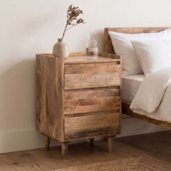Boho Rustic Solid Light Mango Wood 3 Drawer Bedside Cabinet Side Table