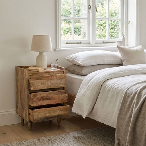 Boho Rustic Solid Light Mango Wood 3 Drawer Bedside Cabinet Side Table