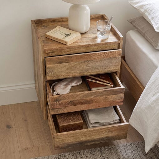 Boho Rustic Solid Light Mango Wood 3 Drawer Bedside Cabinet Side Table