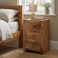 Boho Rustic Solid Light Mango Wood 3 Drawer Tall Bedside Cabinet 76cm