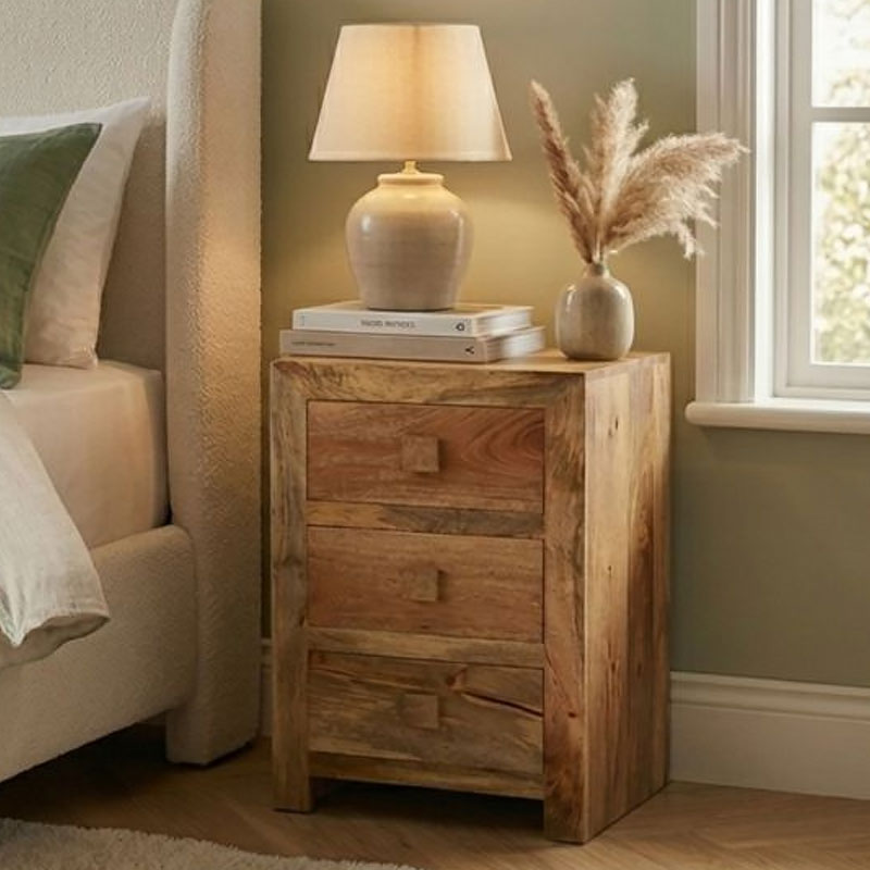 Boho Rustic Solid Light Mango Wood 3 Drawer Tall Bedside Cabinet 76cm Boho Rustic Solid Light Mango Wood 3 Drawer Tall Bedside Cabinet 76cm