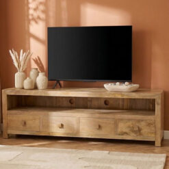 Boho Rustic Solid Light Mango Wood 4 Door 1 Open Shelf Extra Large TV Stand Media Unit 200cm