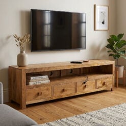 Boho Rustic Solid Light Mango Wood 4 Door 1 Open Shelf Extra Large TV Stand Media Unit 200cm