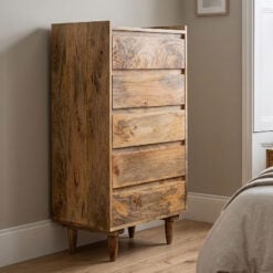 Boho Rustic Solid Light Mango Wood 5 Drawer Tallboy Chest Of Drawers 106cm