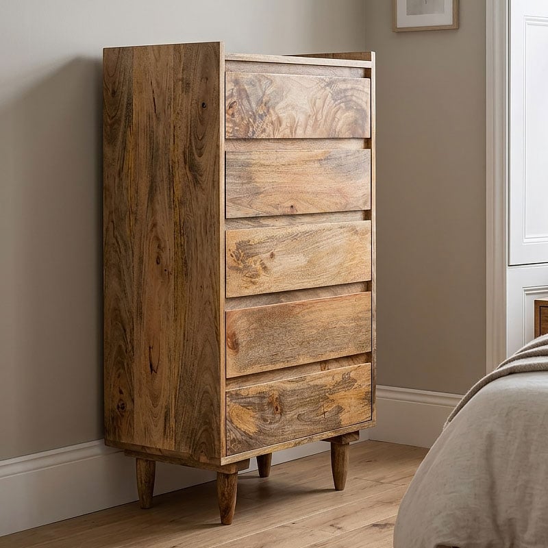 Boho Rustic Solid Light Mango Wood 5 Drawer Tallboy Chest Of Drawers 106cm Boho Rustic Solid Light Mango Wood 5 Drawer Tallboy Chest Of Drawers 106cm