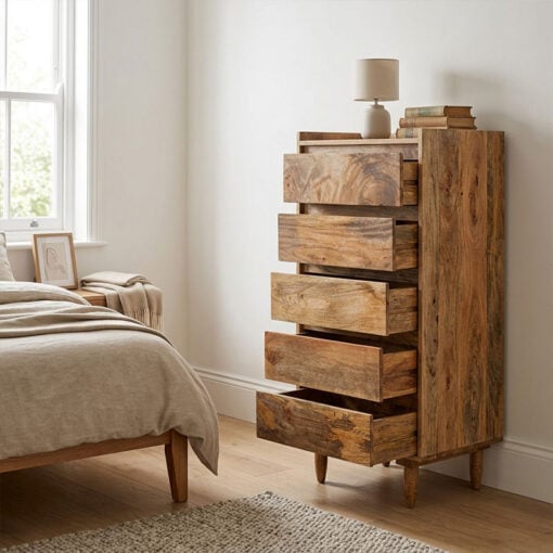 Boho Rustic Solid Light Mango Wood 5 Drawer Tallboy Chest Of Drawers 106cm Boho Rustic Solid Light Mango Wood 5 Drawer Tallboy Chest Of Drawers 106cm