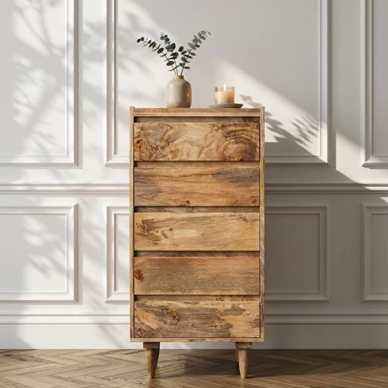 Boho Rustic Solid Light Mango Wood 5 Drawer Tallboy Chest Of Drawers 106cm Boho Rustic Solid Light Mango Wood 5 Drawer Tallboy Chest Of Drawers 106cm