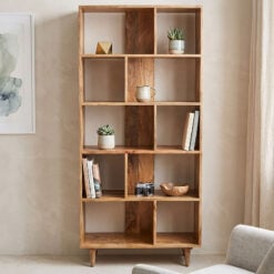 Boho Rustic Solid Light Mango Wood 5 Tier Open Freestanding Shelving Display Unit Bookcase 175cm