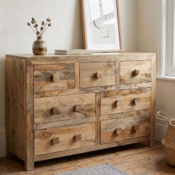 Boho Rustic Solid Light Mango Wood 7 Drawer Chest Of Drawer Sideboard 135cm